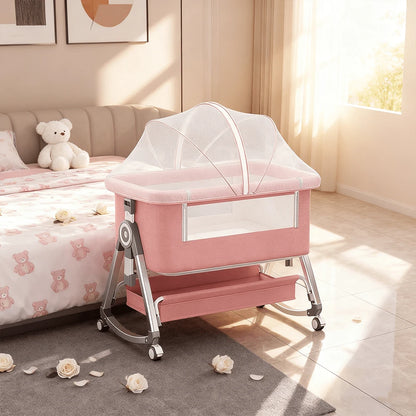 Lcchabls 4 In 1 Baby Bassinet & Bedside Sleeper With Rocking Mode, Portable Crib For Newborn With Wheels& Basket, 6 Height Adjustable Of Foldable Bedside Crib