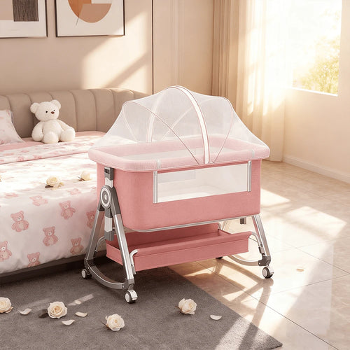 Lcchabls 4 In 1 Baby Bassinet & Bedside Sleeper With Rocking Mode, Portable Crib For Newborn With Wheels& Basket, 6 Height Adjustable Of Foldable Bedside Crib