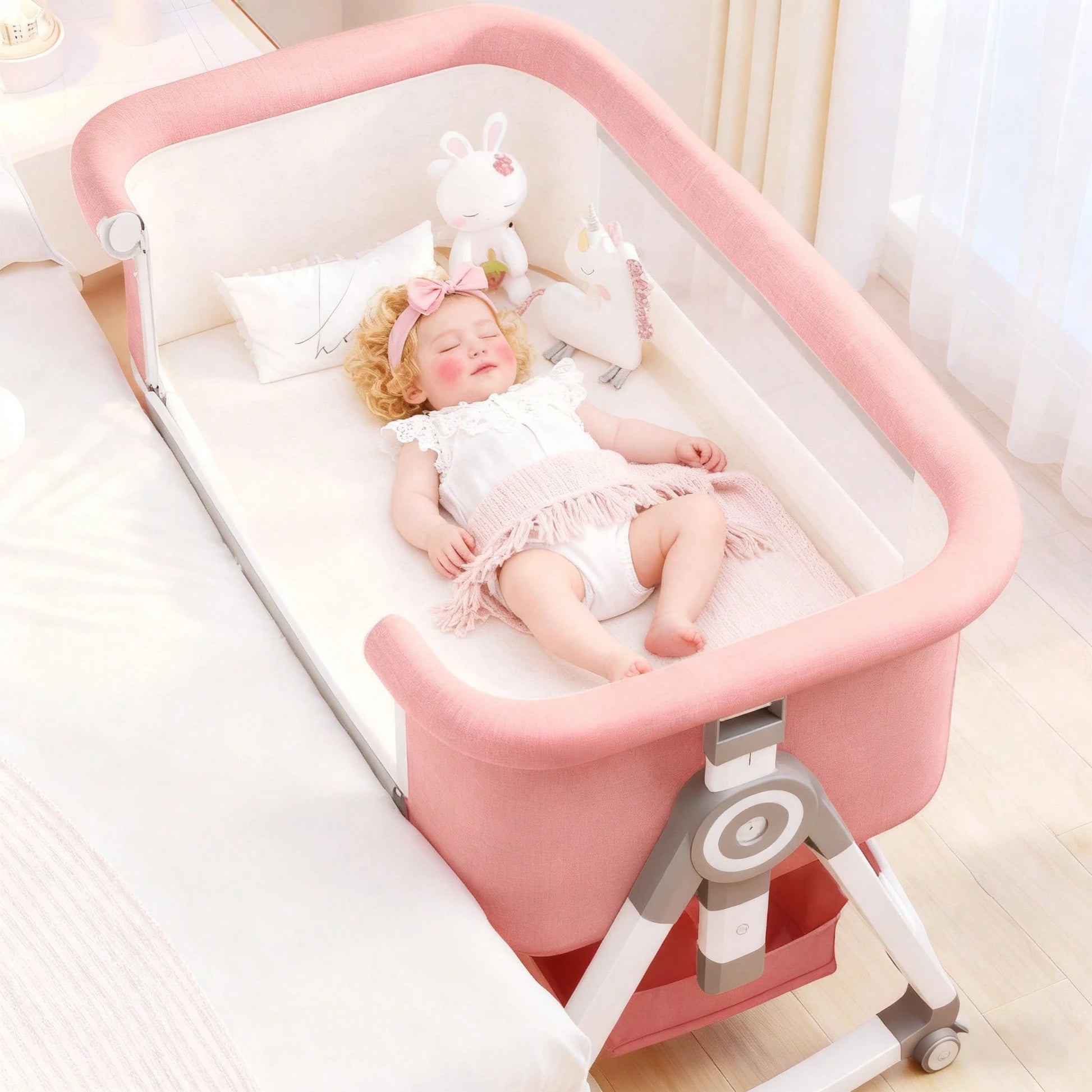 Lcchabls 4 In 1 Baby Bassinet & Bedside Sleeper With Rocking Mode, Portable Crib For Newborn With Wheels& Basket, 6 Height Adjustable Of Foldable Bedside Crib