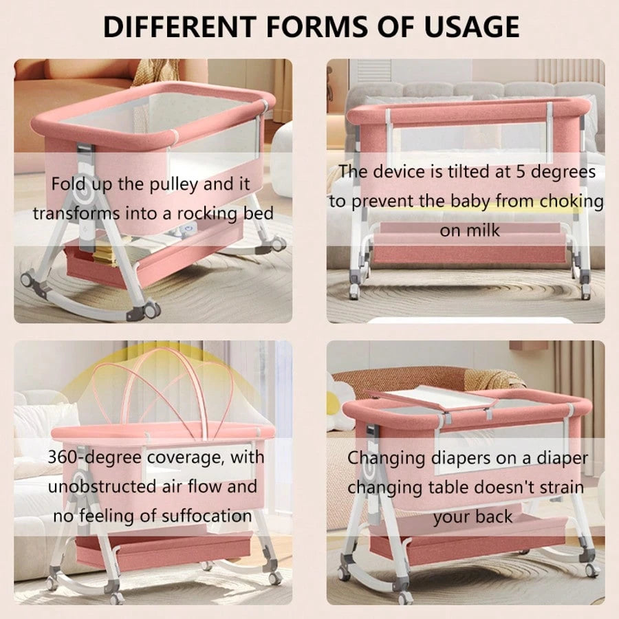 Lcchabls 4 In 1 Baby Bassinet & Bedside Sleeper With Rocking Mode, Portable Crib For Newborn With Wheels& Basket, 6 Height Adjustable Of Foldable Bedside Crib