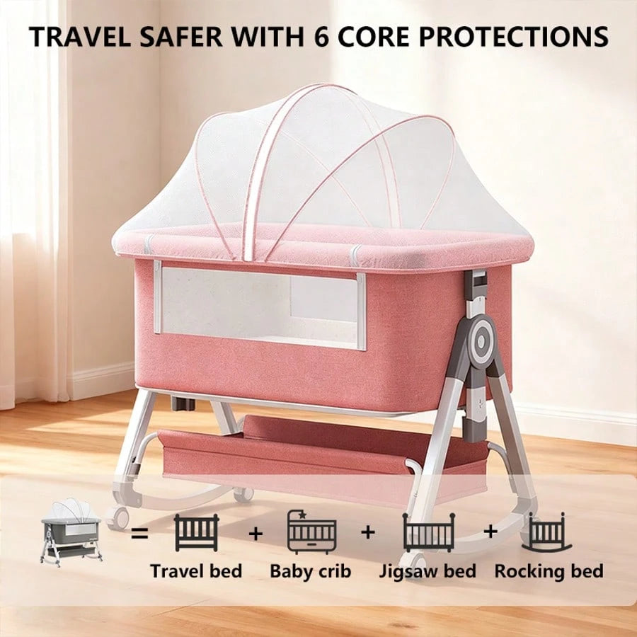 Lcchabls 4 In 1 Baby Bassinet & Bedside Sleeper With Rocking Mode, Portable Crib For Newborn With Wheels& Basket, 6 Height Adjustable Of Foldable Bedside Crib