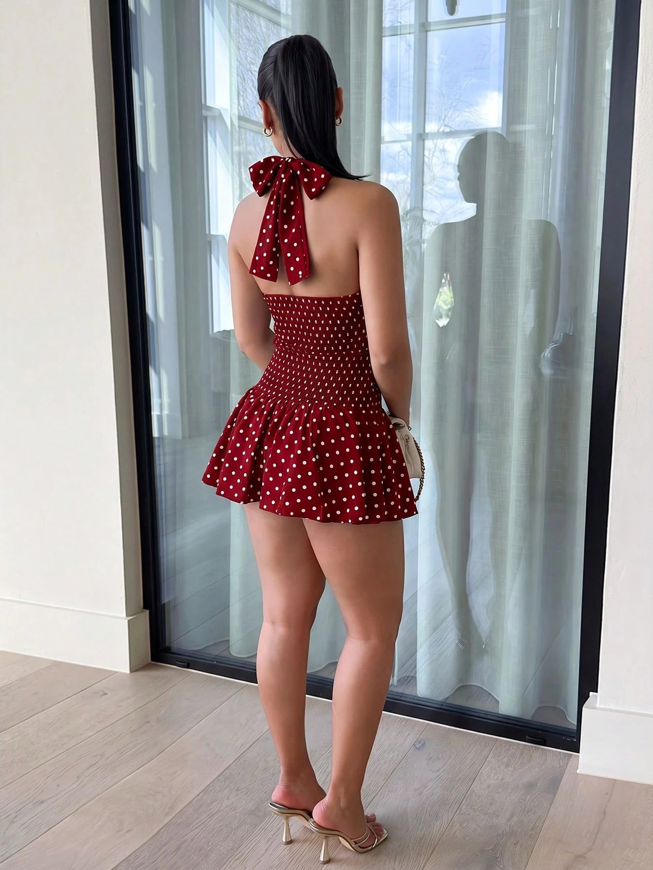 leahseptember Polka Dot High Neck Waist Back Cut-Out Tie-Up Hem Contrast Ruffle Mini Dress, Elegant & Romantic For Beach, Daily Outing, Date Party, Vacationcore