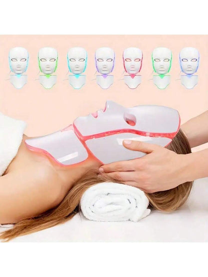 [LED Facial Mask Beauty Device] Seven-Color LED Facial Mask Beauty Device- Household Plug-In Facial Care Instrument For Face And Neck- Convenient Home Skincare