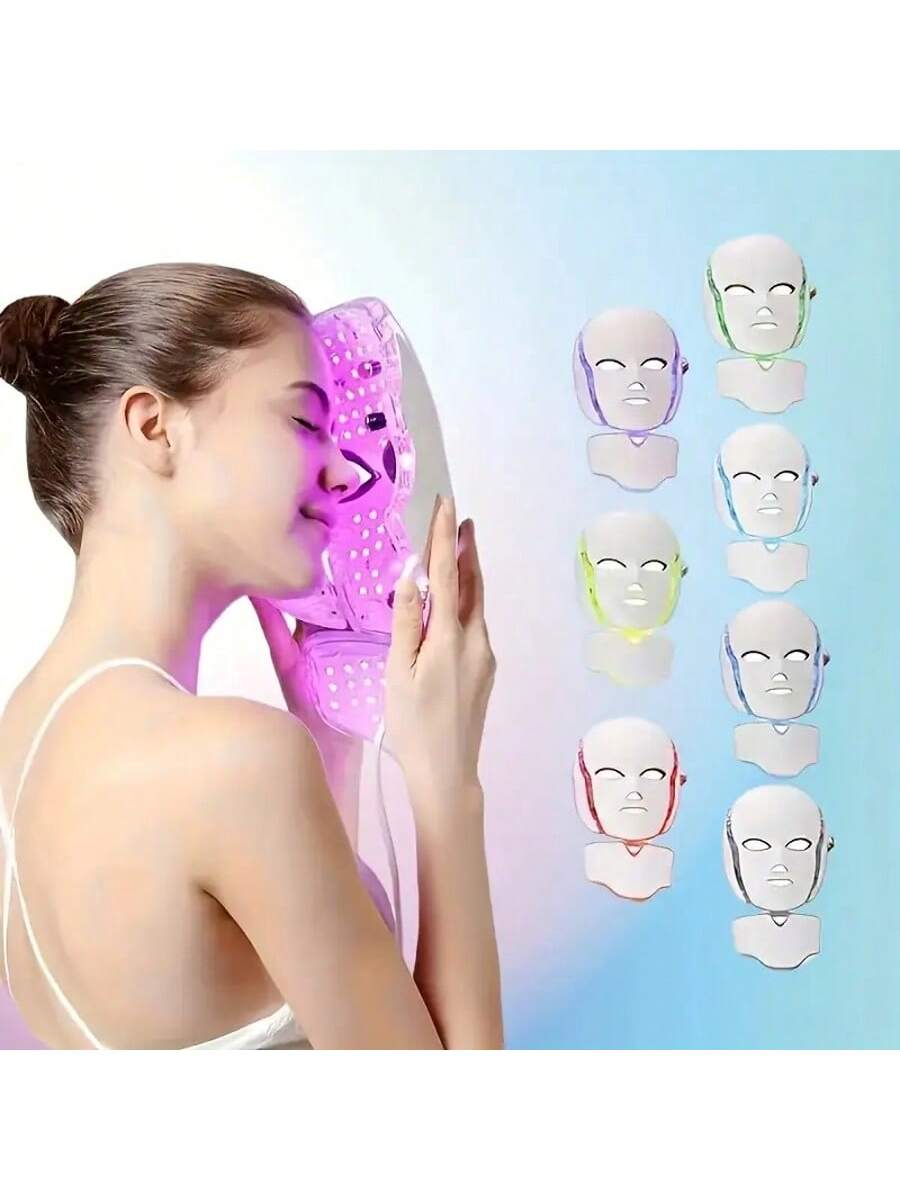 [LED Facial Mask Beauty Device] Seven-Color LED Facial Mask Beauty Device- Household Plug-In Facial Care Instrument For Face And Neck- Convenient Home Skincare