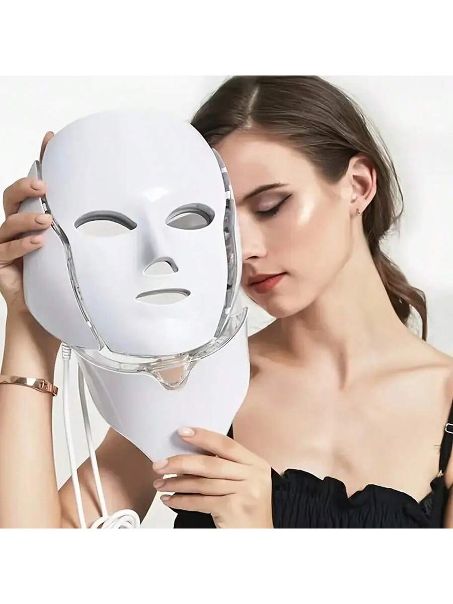 [LED Facial Mask Beauty Device] Seven-Color LED Facial Mask Beauty Device- Household Plug-In Facial Care Instrument For Face And Neck- Convenient Home Skincare