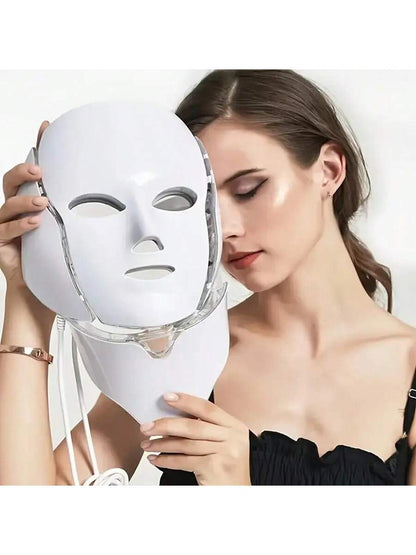 [LED Facial Mask Beauty Device] Seven-Color LED Facial Mask Beauty Device- Household Plug-In Facial Care Instrument For Face And Neck- Convenient Home Skincare
