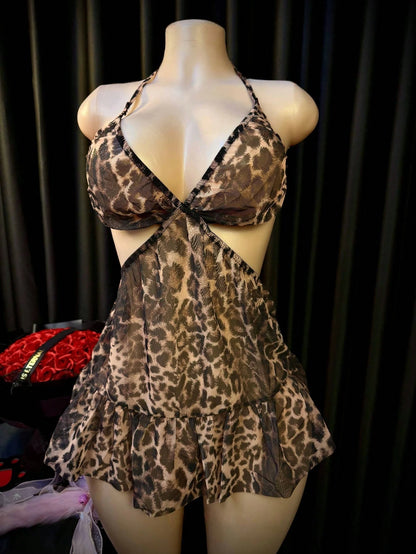 Leopard Print Cutout Design Ruffle Hem Halter Neck Side Slit Sexy Lingerie Dress