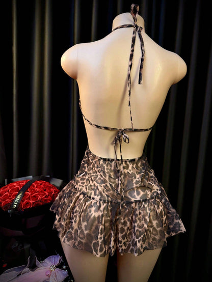 Leopard Print Cutout Design Ruffle Hem Halter Neck Side Slit Sexy Lingerie Dress