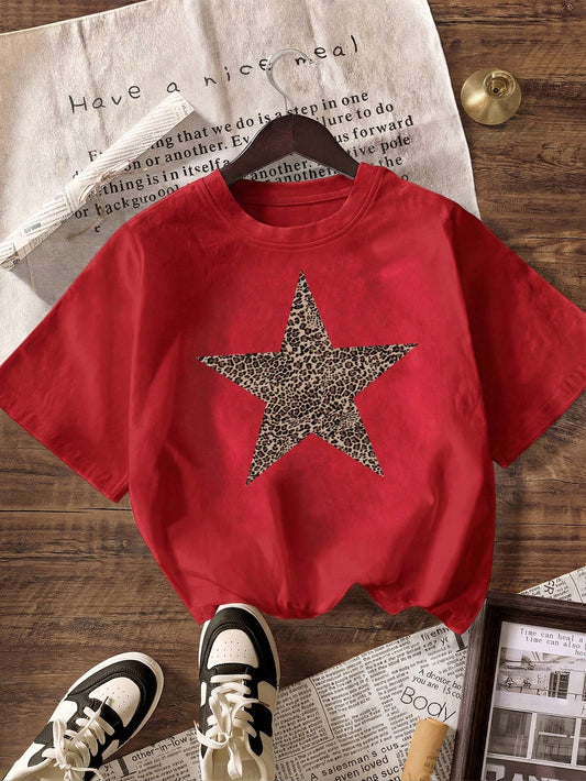 Leopard Print & Star Pattern Round Neck Short Sleeve T-Shirt For Women Casual Summer Red