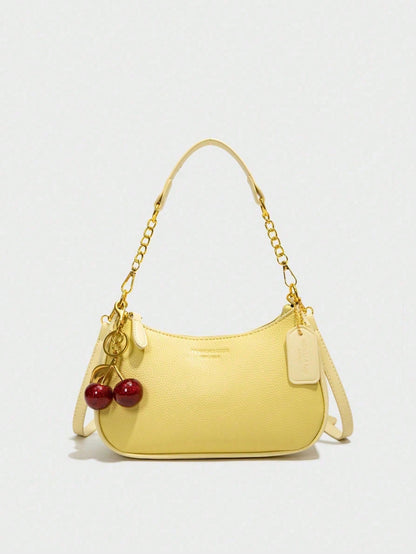 Letter Pattern  Solid Color Pu Waterproof Fabric Shoulder Crescent Bag Underarm Bag Is Suitable For Shopping And Can Be Slung.Y2k,Yellow,Cherrypendant