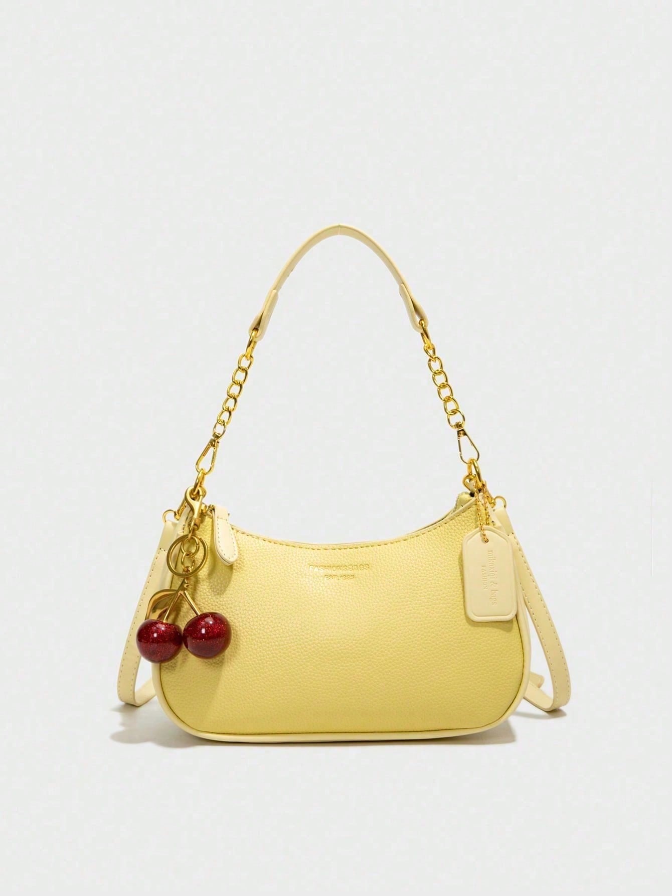Letter Pattern  Solid Color Pu Waterproof Fabric Shoulder Crescent Bag Underarm Bag Is Suitable For Shopping And Can Be Slung.Y2k,Yellow,Cherrypendant