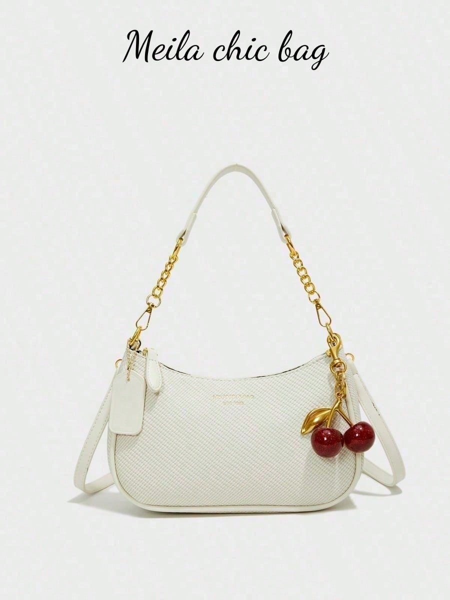 Letter Pattern  Solid Color Pu Waterproof Fabric Shoulder Crescent Bag Underarm Bag Is Suitable For Shopping And Can Be Slung.Y2k,Yellow,Cherrypendant