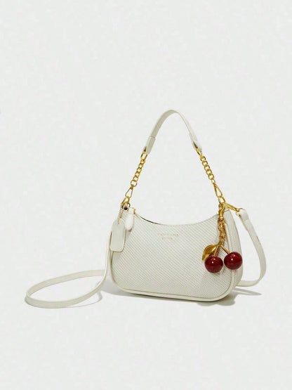 Letter Pattern  Solid Color Pu Waterproof Fabric Shoulder Crescent Bag Underarm Bag Is Suitable For Shopping And Can Be Slung.Y2k,Yellow,Cherrypendant