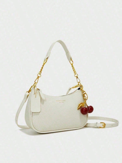 Letter Pattern  Solid Color Pu Waterproof Fabric Shoulder Crescent Bag Underarm Bag Is Suitable For Shopping And Can Be Slung.Y2k,Yellow,Cherrypendant
