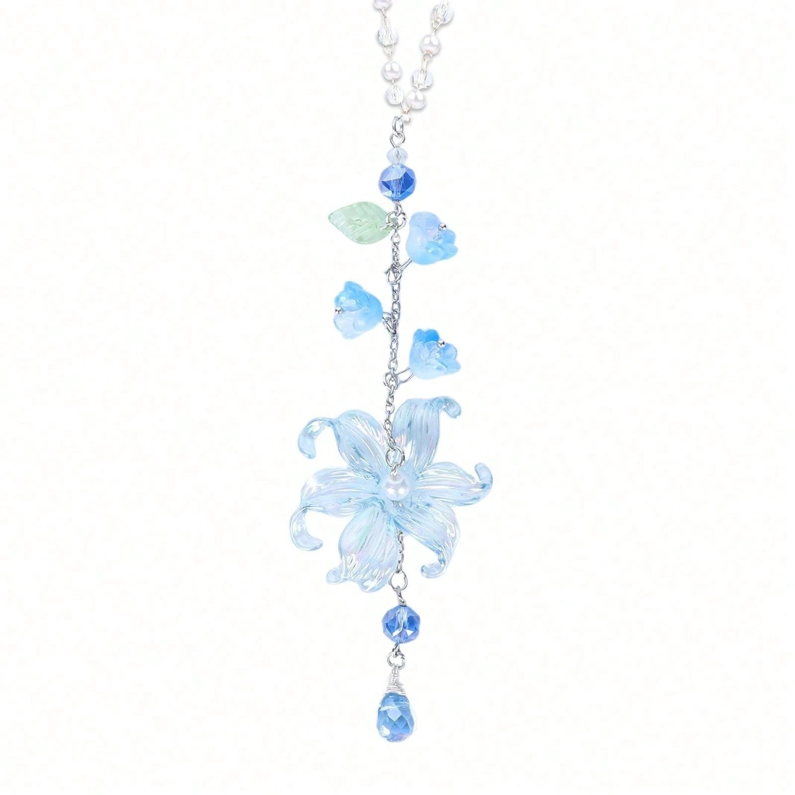 Lily Leaf Car Charm- Blue Waterlily Crystal Drop Floral Sun Catcher For Rear View Mirror Decor, Resin Flower Beads Cars Interior Hanging Accessory For Women Men