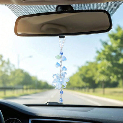 Lily Leaf Car Charm- Blue Waterlily Crystal Drop Floral Sun Catcher For Rear View Mirror Decor, Resin Flower Beads Cars Interior Hanging Accessory For Women Men
