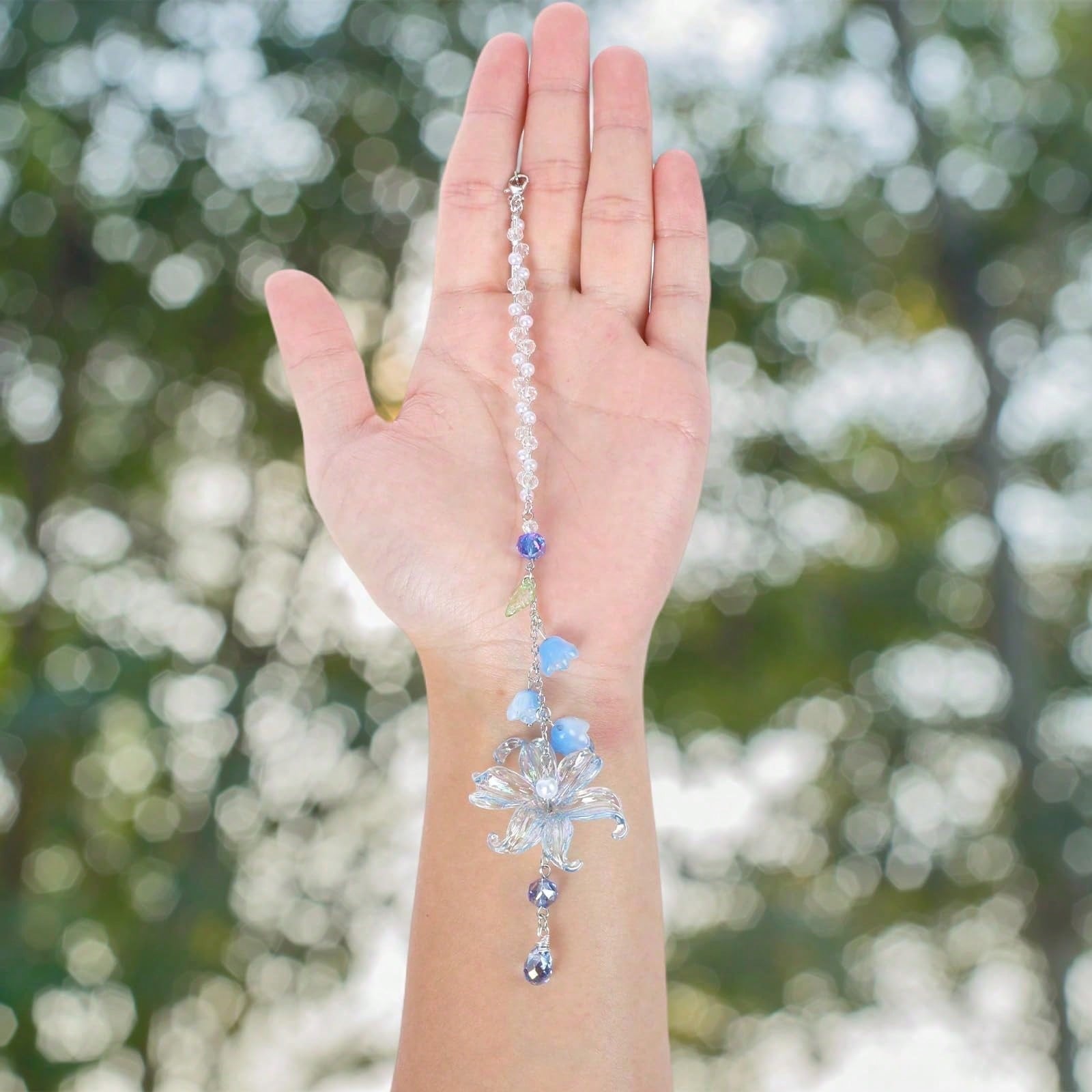 Lily Leaf Car Charm- Blue Waterlily Crystal Drop Floral Sun Catcher For Rear View Mirror Decor, Resin Flower Beads Cars Interior Hanging Accessory For Women Men