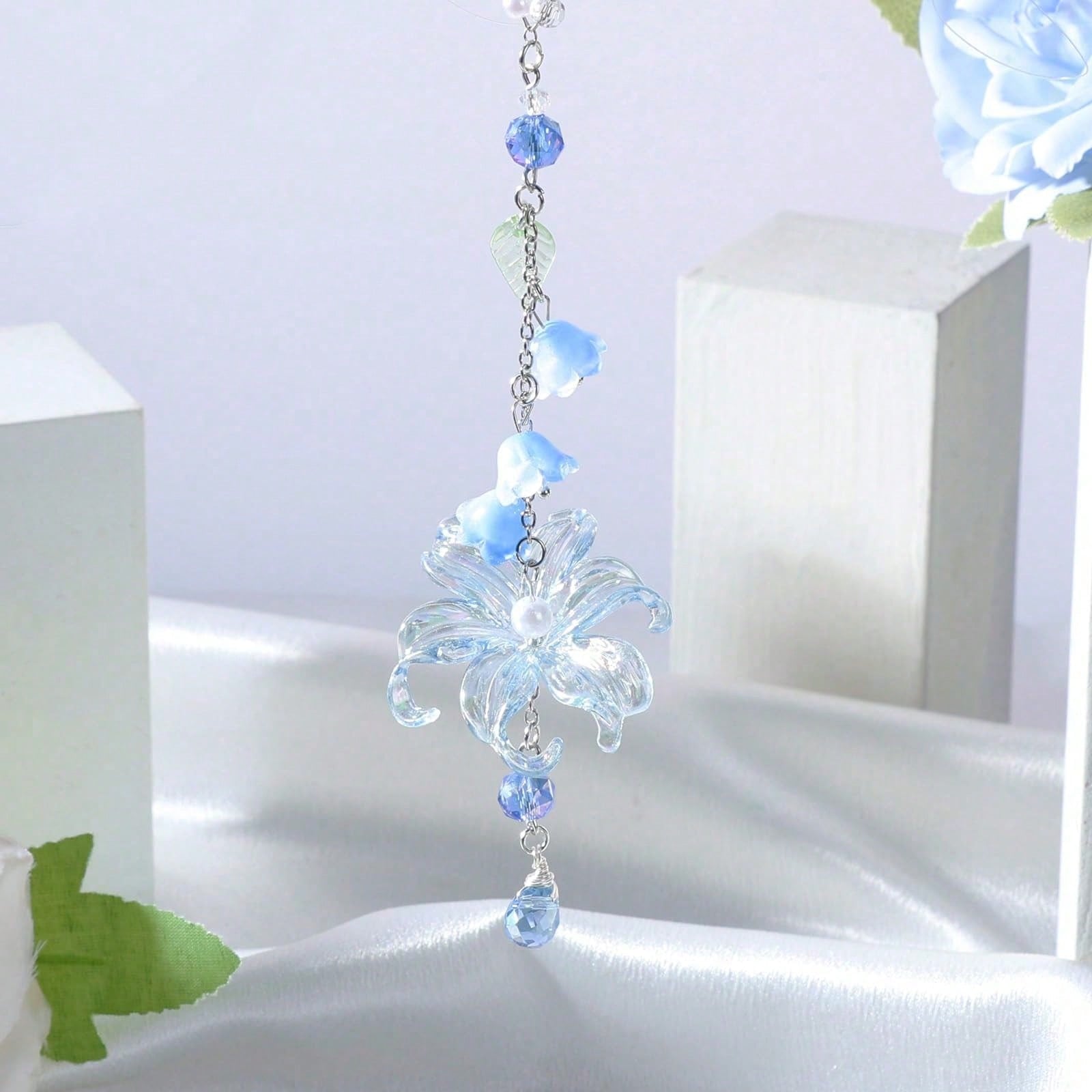 Lily Leaf Car Charm- Blue Waterlily Crystal Drop Floral Sun Catcher For Rear View Mirror Decor, Resin Flower Beads Cars Interior Hanging Accessory For Women Men
