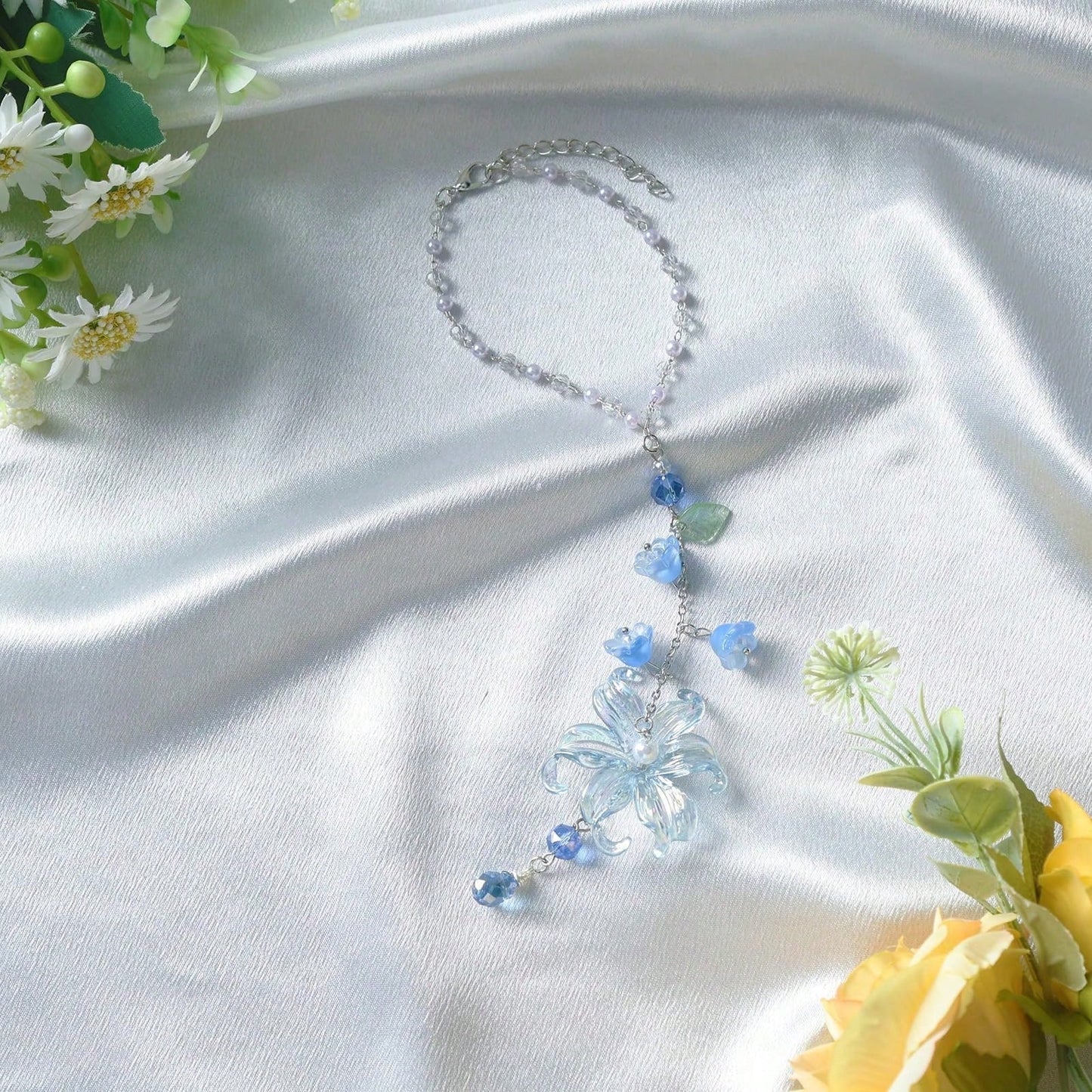 Lily Leaf Car Charm- Blue Waterlily Crystal Drop Floral Sun Catcher For Rear View Mirror Decor, Resin Flower Beads Cars Interior Hanging Accessory For Women Men