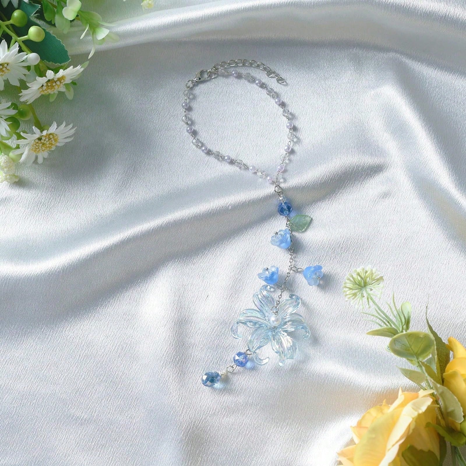 Lily Leaf Car Charm- Blue Waterlily Crystal Drop Floral Sun Catcher For Rear View Mirror Decor, Resin Flower Beads Cars Interior Hanging Accessory For Women Men