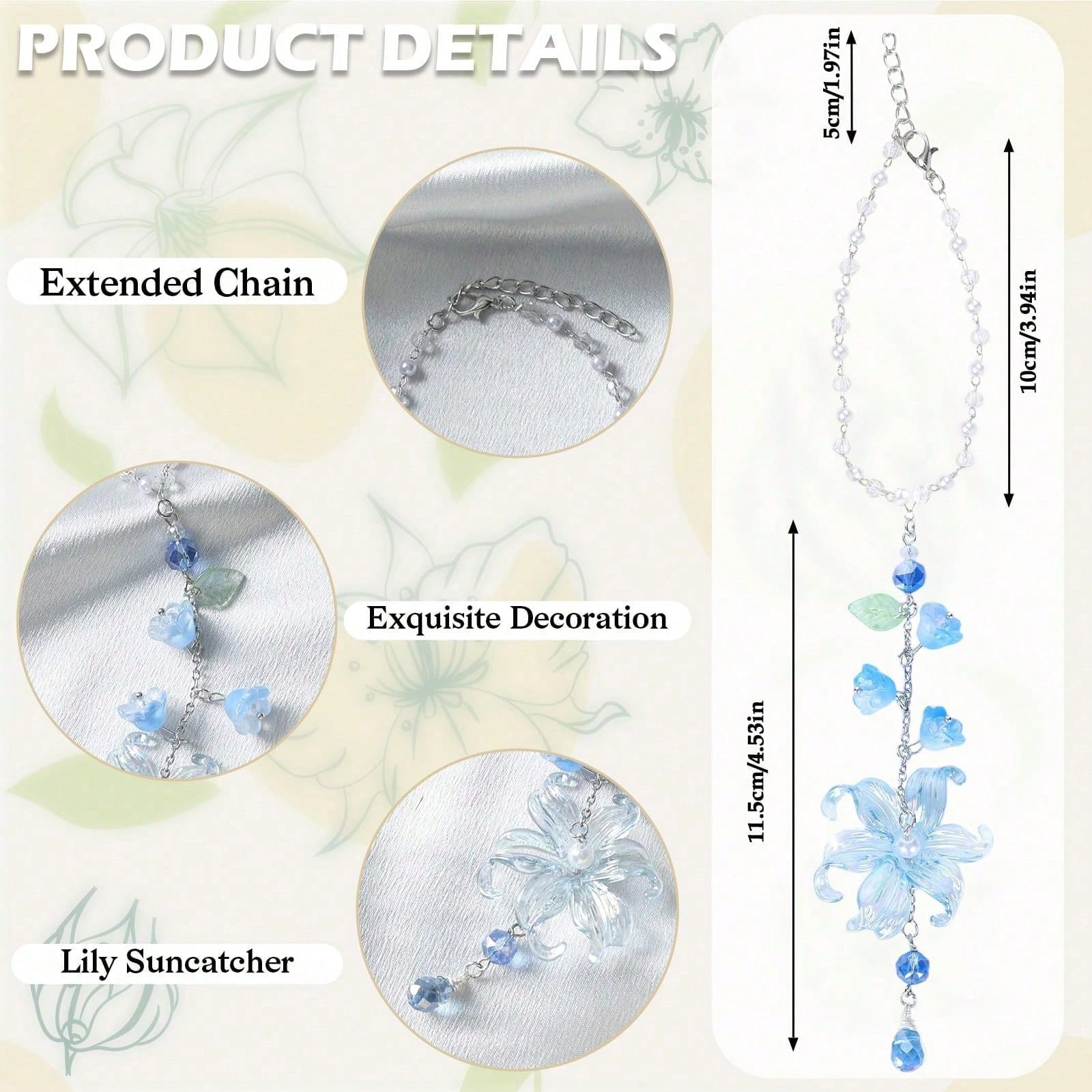 Lily Leaf Car Charm- Blue Waterlily Crystal Drop Floral Sun Catcher For Rear View Mirror Decor, Resin Flower Beads Cars Interior Hanging Accessory For Women Men