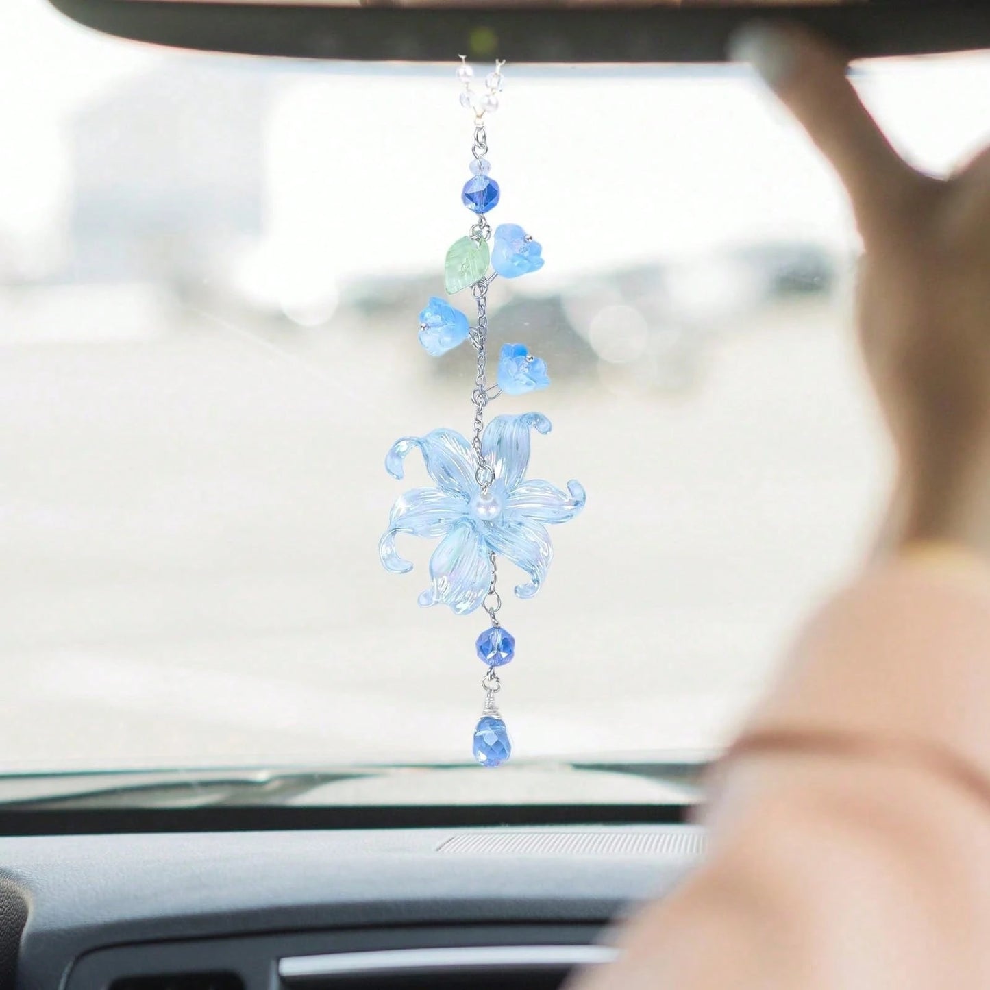 Lily Leaf Car Charm- Blue Waterlily Crystal Drop Floral Sun Catcher For Rear View Mirror Decor, Resin Flower Beads Cars Interior Hanging Accessory For Women Men