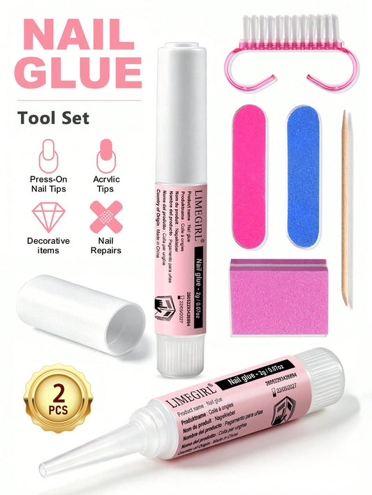 LIMEGIRL 2PCS Nail Glue Tool Set With Nail Glue, Nail File, Buffer Block, Dust Brush & Cuticle Stick, Quick Dry Press On Nail Accessories For DIY Manicure & Nail Repair