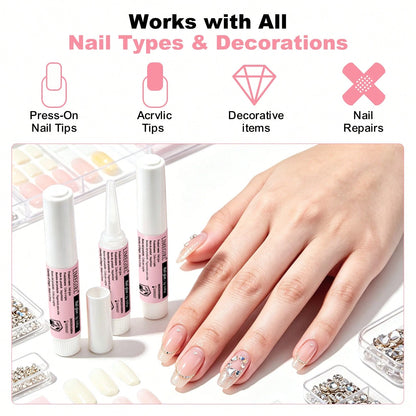 LIMEGIRL 2PCS Nail Glue Tool Set With Nail Glue, Nail File, Buffer Block, Dust Brush & Cuticle Stick, Quick Dry Press On Nail Accessories For DIY Manicure & Nail Repair