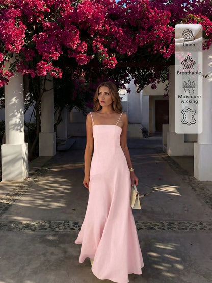 Linen Casual Vacation Dress, Solid Color Slim Fit Linen Spaghetti Strap Dress For Beach Travel Pink Elegant Summer, Resort Wear