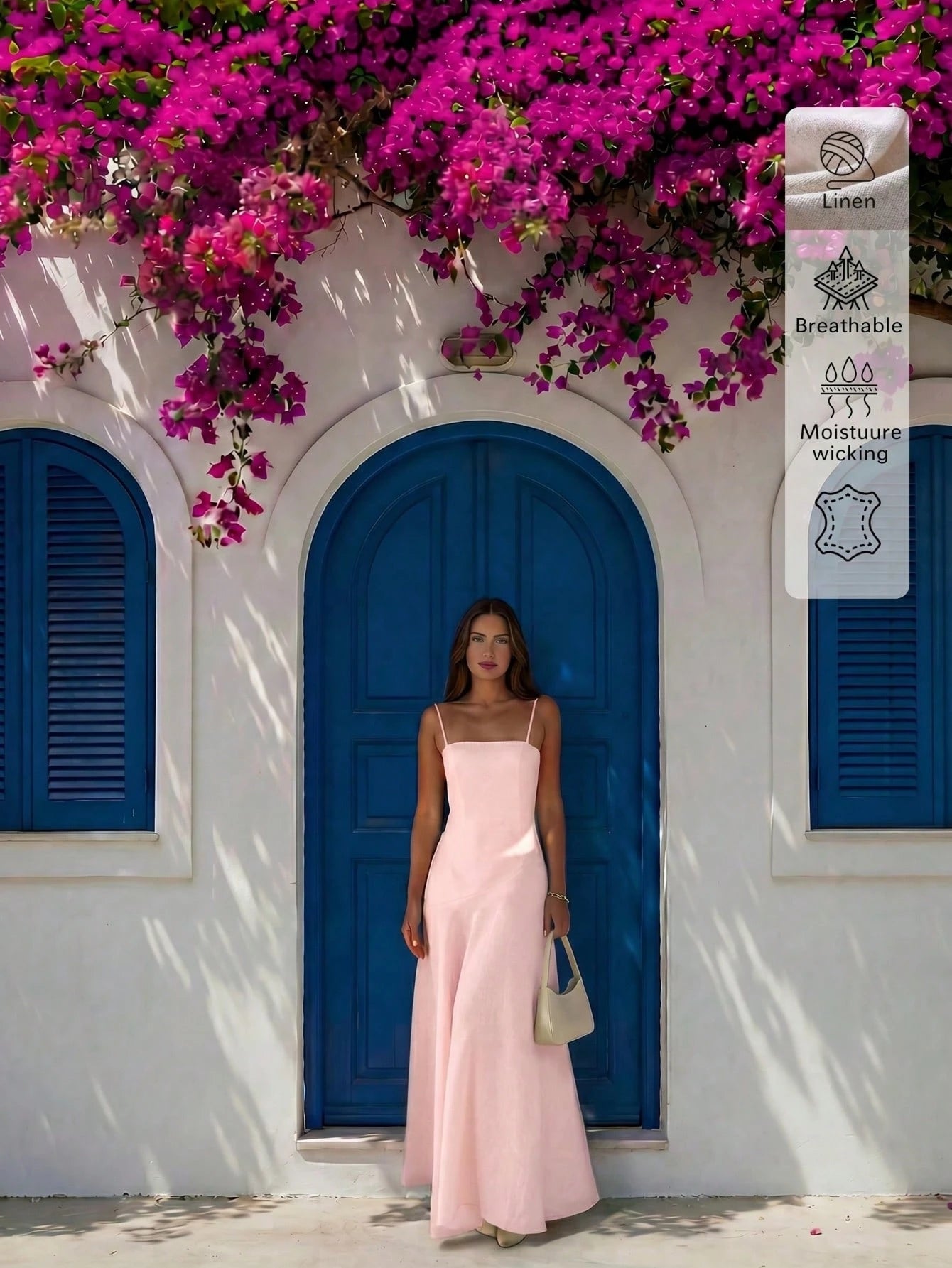 Linen Casual Vacation Dress, Solid Color Slim Fit Linen Spaghetti Strap Dress For Beach Travel Pink Elegant Summer, Resort Wear