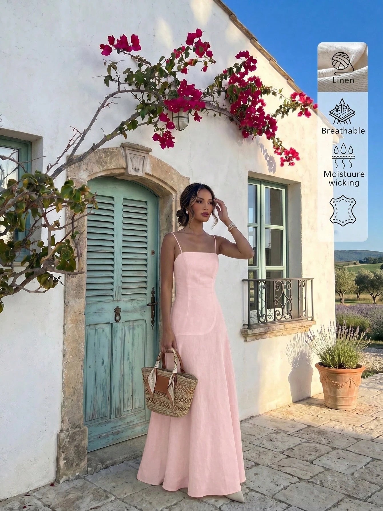 Linen Casual Vacation Dress, Solid Color Slim Fit Linen Spaghetti Strap Dress For Beach Travel Pink Elegant Summer, Resort Wear