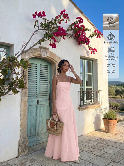 Linen Casual Vacation Dress, Solid Color Slim Fit Linen Spaghetti Strap Dress For Beach Travel Pink Elegant Summer, Resort Wear