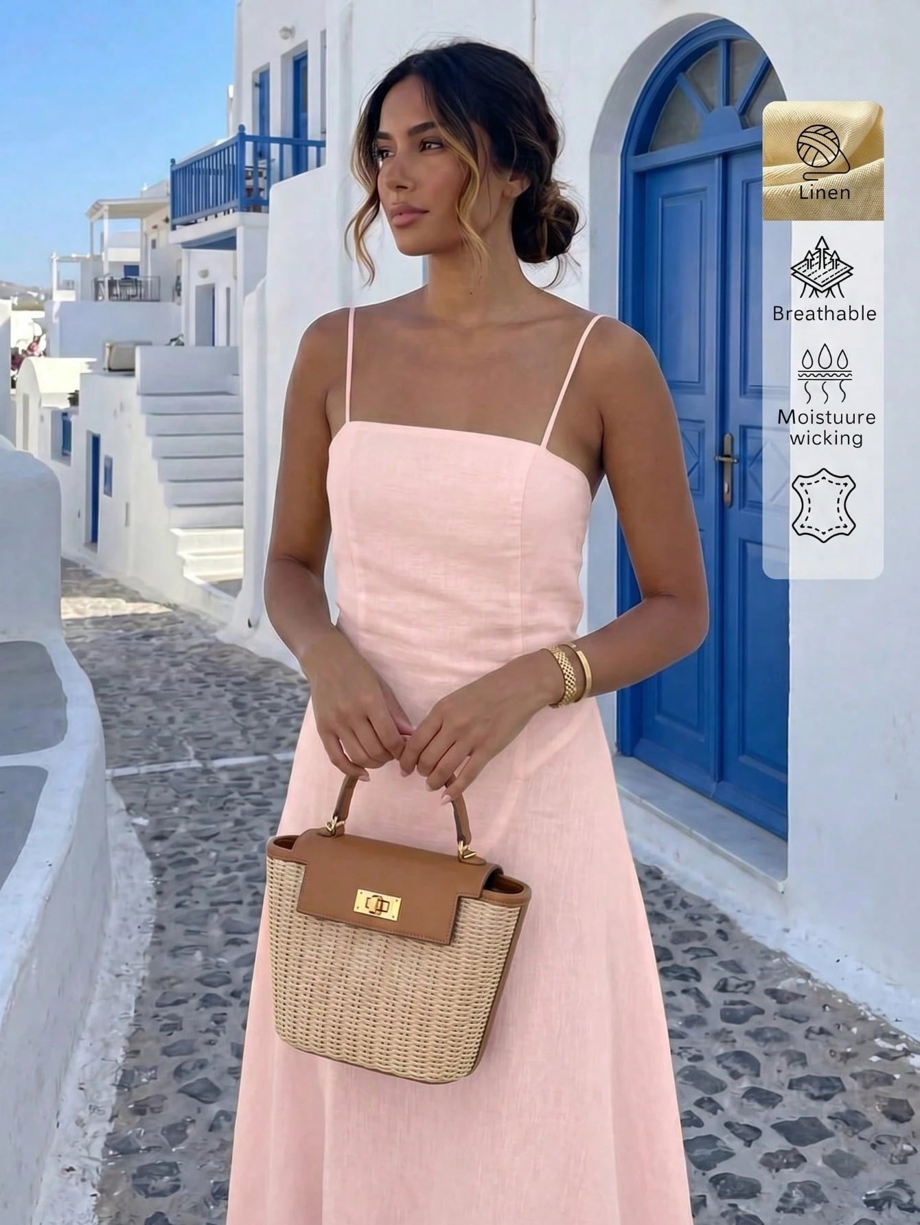 Linen Casual Vacation Dress, Solid Color Slim Fit Linen Spaghetti Strap Dress For Beach Travel Pink Elegant Summer, Resort Wear