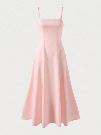 Linen Casual Vacation Dress, Solid Color Slim Fit Linen Spaghetti Strap Dress For Beach Travel Pink Elegant Summer, Resort Wear