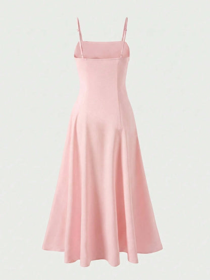 Linen Casual Vacation Dress, Solid Color Slim Fit Linen Spaghetti Strap Dress For Beach Travel Pink Elegant Summer, Resort Wear