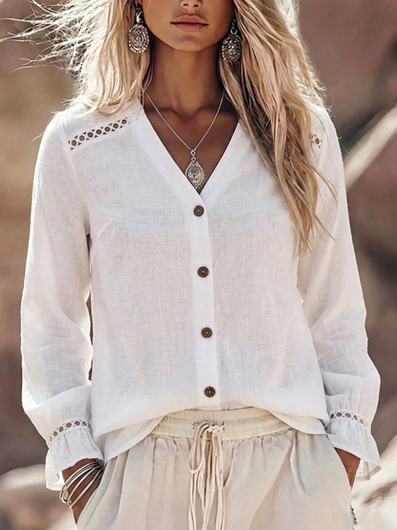 Linhara CURVE Women's New Hollow Lace V-Neck Single-Breasted Open Front Flare Cuff Petal Sleeve Long Sleeve French Blouse, Spring/Autumn Fall Casual Elegant Office