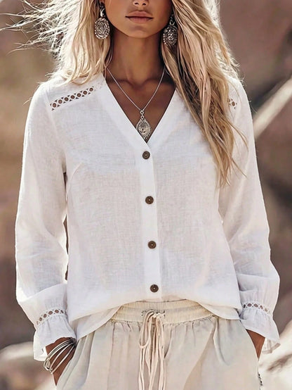 Linhara CURVE Women's New Hollow Lace V-Neck Single-Breasted Open Front Flare Cuff Petal Sleeve Long Sleeve French Blouse, Spring/Autumn Fall Casual Elegant Office