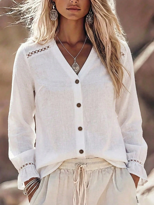 Linhara CURVE Women's New Hollow Lace V-Neck Single-Breasted Open Front Flare Cuff Petal Sleeve Long Sleeve French Blouse, Spring/Autumn Fall Casual Elegant Office