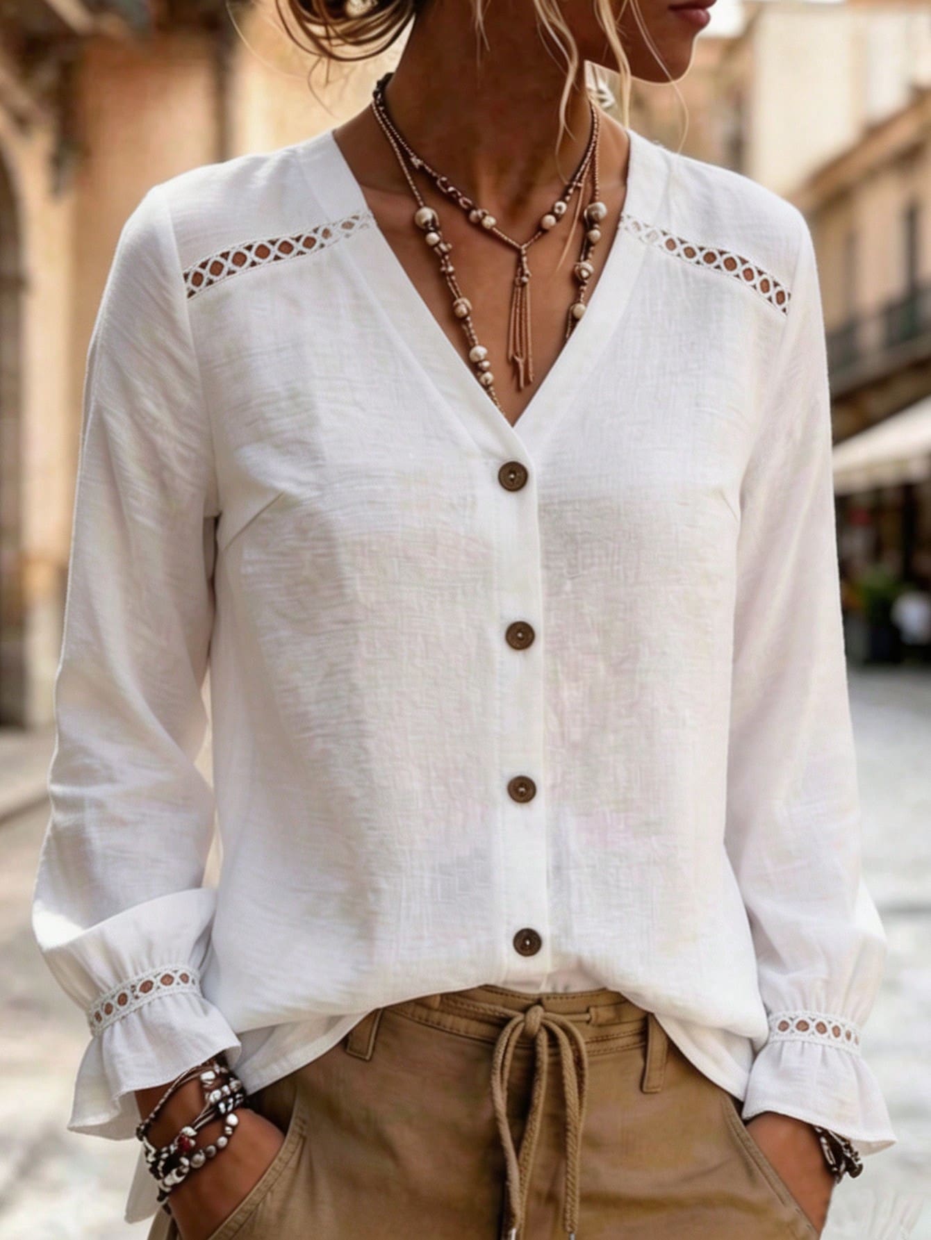 Linhara CURVE Women's New Hollow Lace V-Neck Single-Breasted Open Front Flare Cuff Petal Sleeve Long Sleeve French Blouse, Spring/Autumn Fall Casual Elegant Office