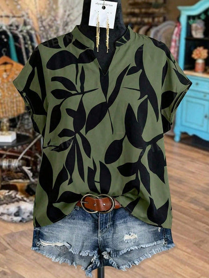 Linhara Plus Size Contrast Color Leaf Print Notched Neck Short Sleeve Shirt