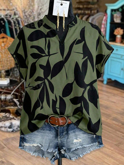 Linhara Plus Size Contrast Color Leaf Print Notched Neck Short Sleeve Shirt