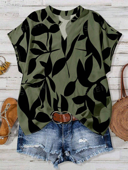 Linhara Plus Size Contrast Color Leaf Print Notched Neck Short Sleeve Shirt