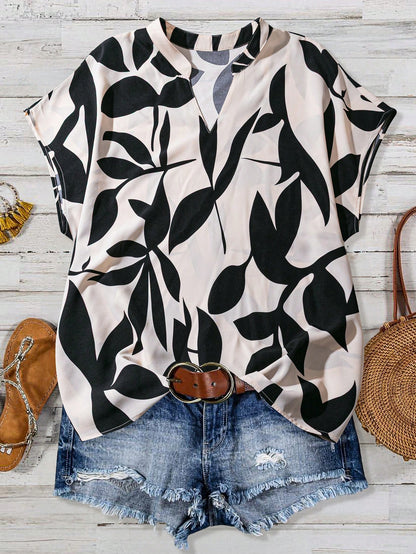 Linhara Plus Size Contrast Color Leaf Print Notched Neck Short Sleeve Shirt