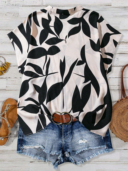 Linhara Plus Size Contrast Color Leaf Print Notched Neck Short Sleeve Shirt