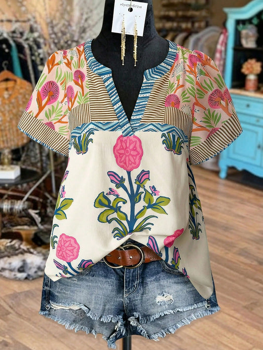 Linhara Plus Size Women's Beige Color-Block Printed Stripe V-Neck Short Sleeve Casual Top,Summer Boho Holiday Retro Stylish Blouse For Daily Outings