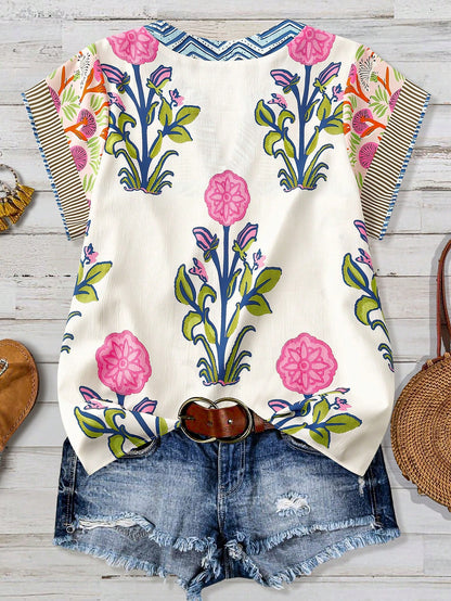 Linhara Plus Size Women's Beige Color-Block Printed Stripe V-Neck Short Sleeve Casual Top,Summer Boho Holiday Retro Stylish Blouse For Daily Outings