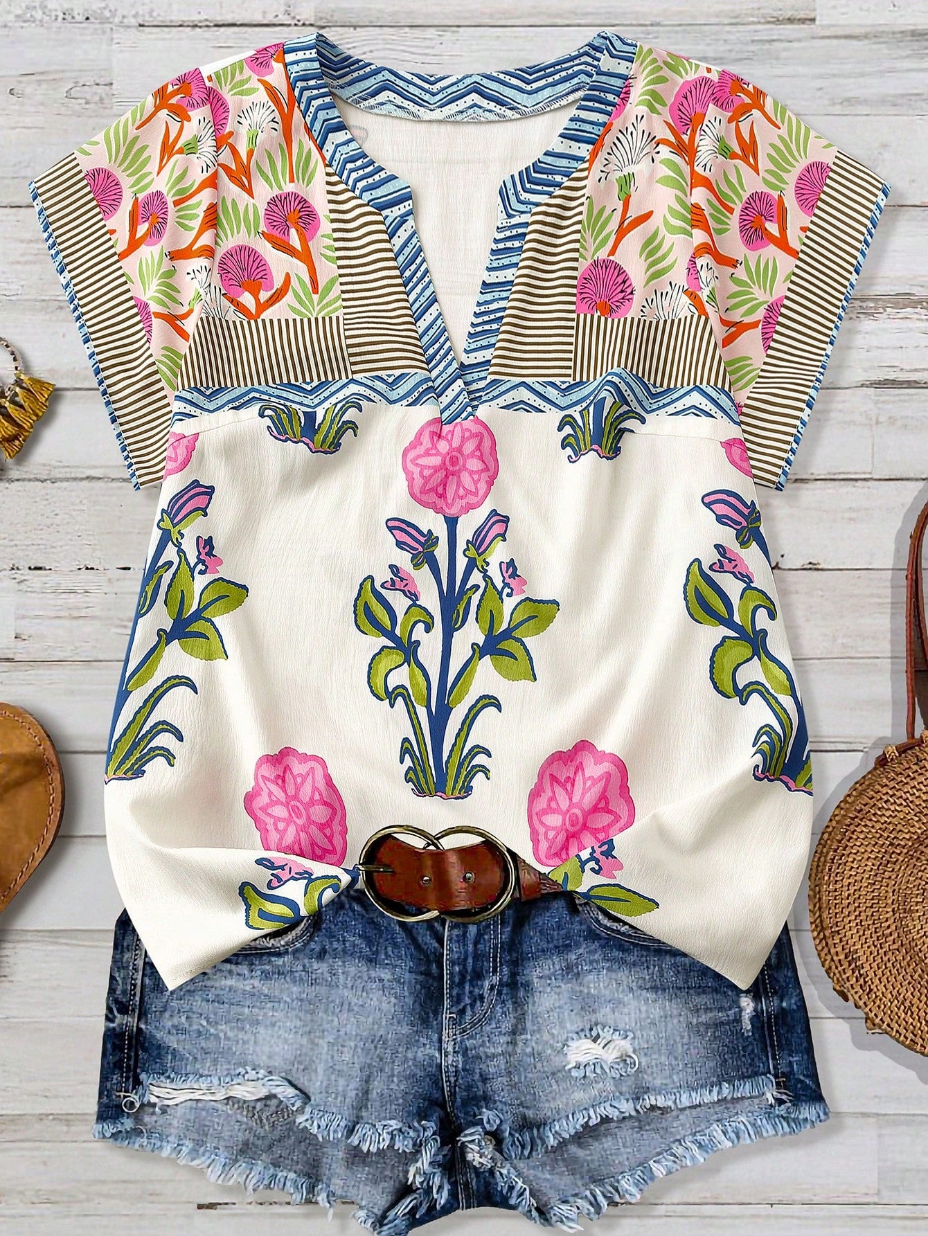 Linhara Plus Size Women's Beige Color-Block Printed Stripe V-Neck Short Sleeve Casual Top,Summer Boho Holiday Retro Stylish Blouse For Daily Outings