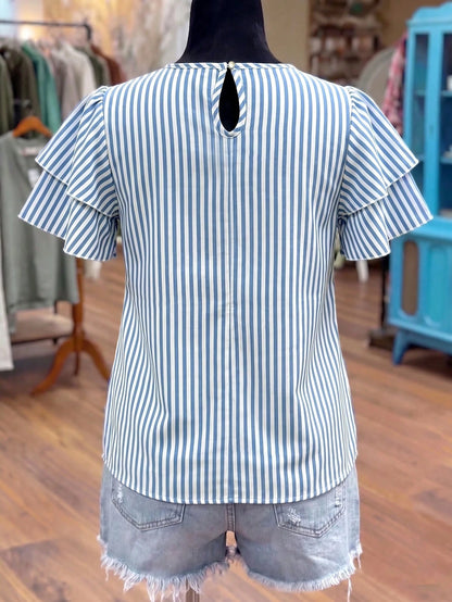 Linhara Plus Size Women's Round Neck Double Layer Ruffle Sleeve Short Sleeve Blouse, Striped Shirt, Summer Women's Top, Vacation, Casual Daily Shirt