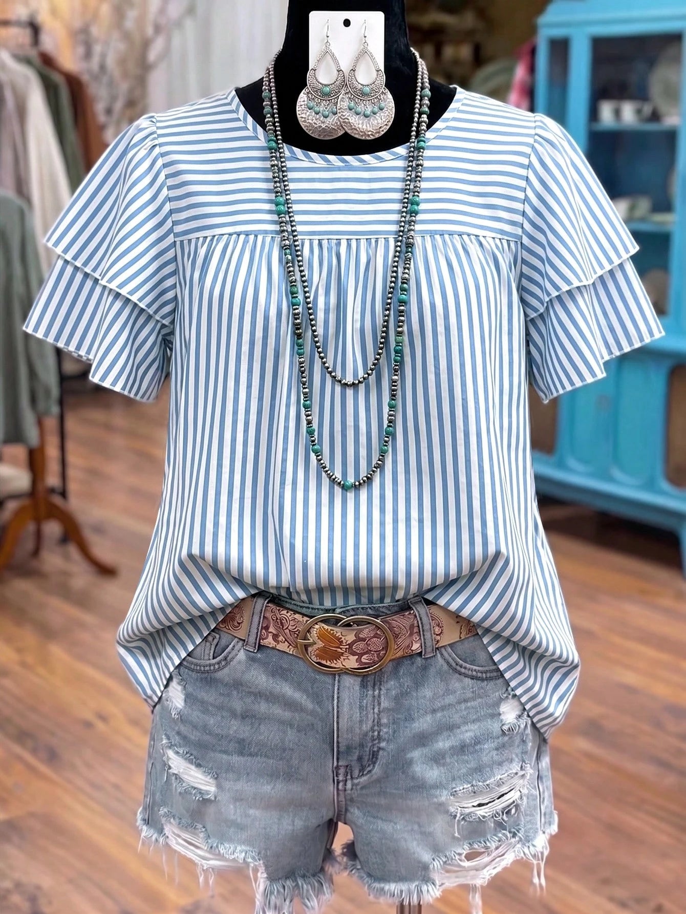 Linhara Plus Size Women's Round Neck Double Layer Ruffle Sleeve Short Sleeve Blouse, Striped Shirt, Summer Women's Top, Vacation, Casual Daily Shirt