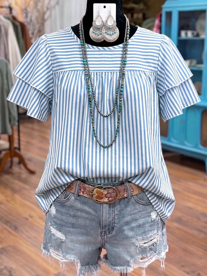 Linhara Plus Size Women's Round Neck Double Layer Ruffle Sleeve Short Sleeve Blouse, Striped Shirt, Summer Women's Top, Vacation, Casual Daily Shirt